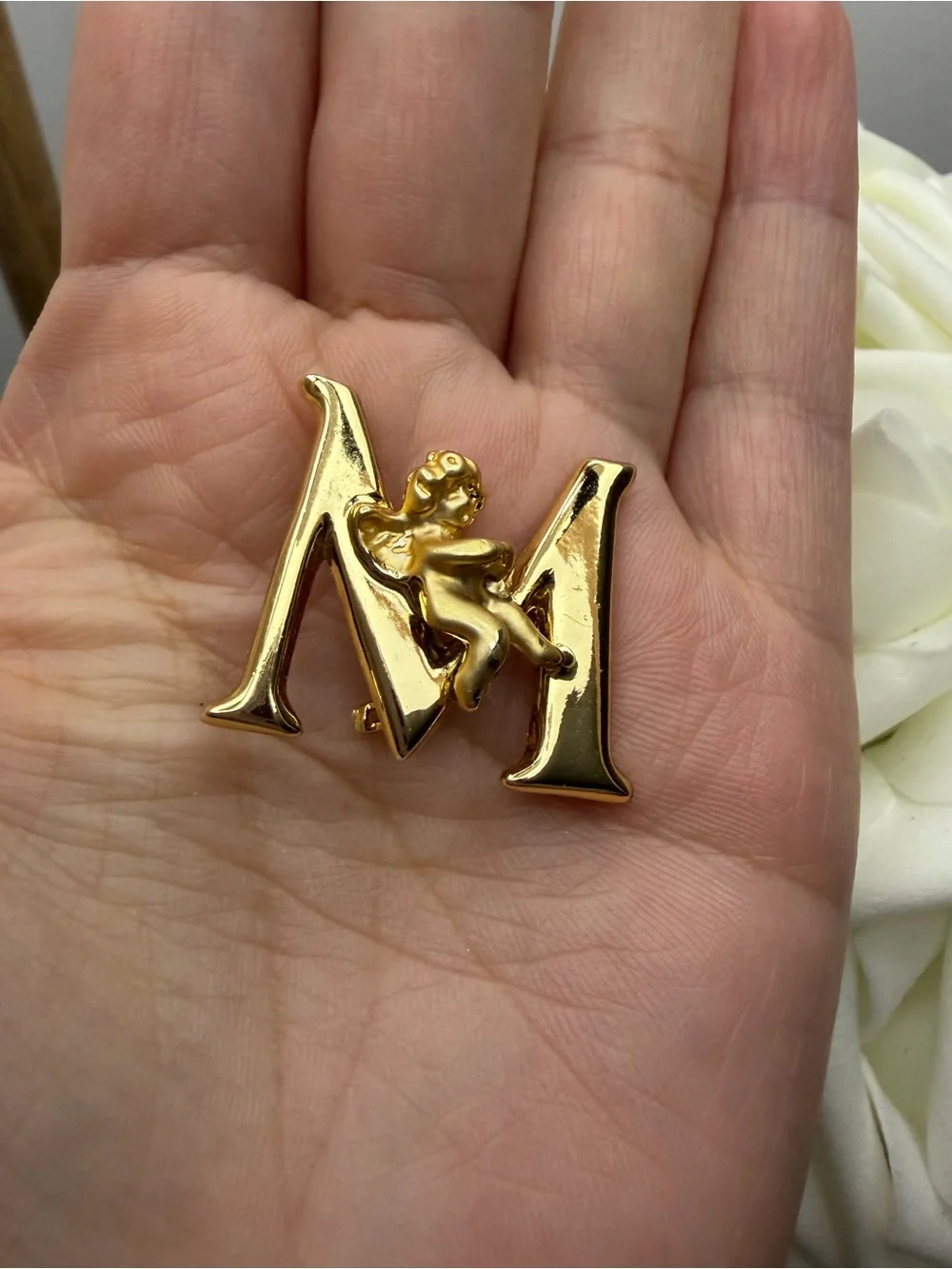 Vintage Gold Letter M Pin with Cherub Accent - Men's Accessory